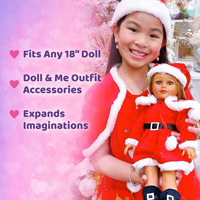 Playtime by Eimmie 18 Inch Doll Clothes and Accessories - Christmas Holiday Dress with Matching Santa Hat & Shawl - Clothing Sets & Stuff - Fits American, Generation & Similar 18” Dolls for Girls