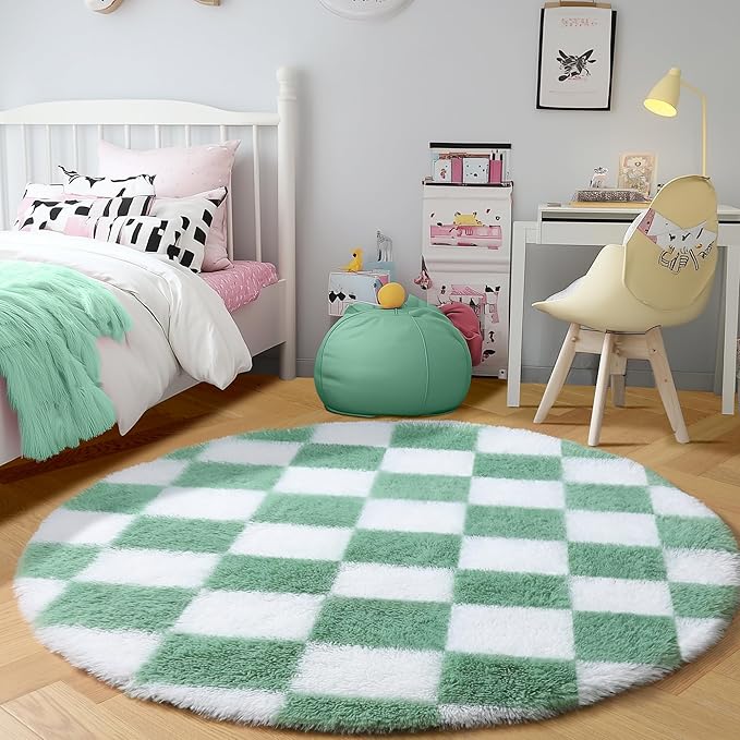 KICMOR Round Rug 4ft for Bedroom, Fluffy Soft Circle Area Rug Cute Small Living Room Carpet, Sage Green and White Fuzzy Shag Shaggy Checkered Circular Rugs for Kids Room Nursery Home Decor Aesthetic
