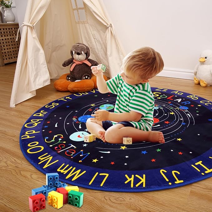 4ft Round Solar System Rug for Kids Bedroom Non Slip Outer Space Rugs Kids Play Mat Ultra Soft ABC Alphabet Learning Planet Carpet Low Pile Circle Area Rug for Playroom Classroom Nursery Blue