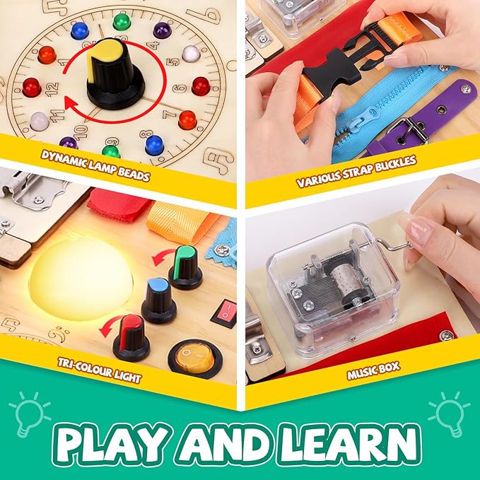 Busy Board,Montessori Toys for 1-3 Years Old, Wooden Toddler Toys, Autism Sensory Travel Toys, Ideal Gift for 1+ Year Old Boys (Busy Board Plus v3)