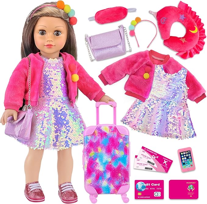 K.T. Fancy 18 Inch American Doll Clothes and Accessories, Doll Travel Suitcase Playset for Girls, Cute Travel Doll Clothes for 18 Inch Girl Doll(Not Include Doll & Shoes)