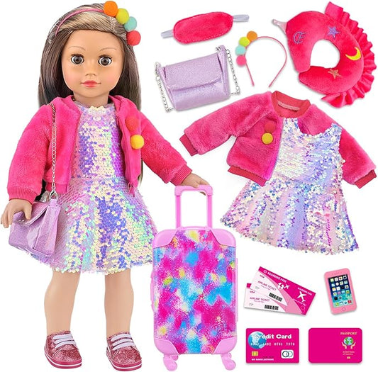 K.T. Fancy 18 Inch American Doll Clothes and Accessories, Doll Travel Suitcase Playset for Girls, Cute Travel Doll Clothes for 18 Inch Girl Doll(Not Include Doll & Shoes)