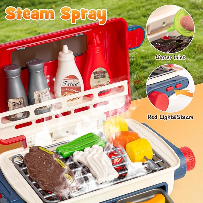 48-Piece Kids BBQ Grill Playset with Lights & Sounds, Spray Food, Role Play Kitchen Accessories, Children's Kitchen Toys, Gift for Boys & Girls Ages 3-6+