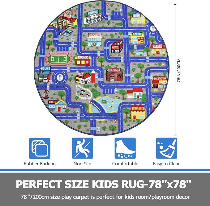 Capslpad Blue Car Road Kid Rug Carpet Playmat for Playoom Traffic Road Kids Play Mat for Toddler Non Slip Washable City Map Race Track Carpet Rug for Kids Room Bedroom Nursery Room Decor,6.6'x6.6'