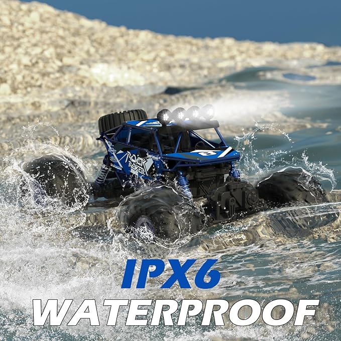 1:10 Amphibious 4WD Large RC Cars, IPX6 Waterproof 30 Km/h Remote Control Car Gifts for Kids 4X4 Off-Road RC Rock Crawler, LED Light, 2.4GHz RC Truck with 2 Batteries 80Mins Play
