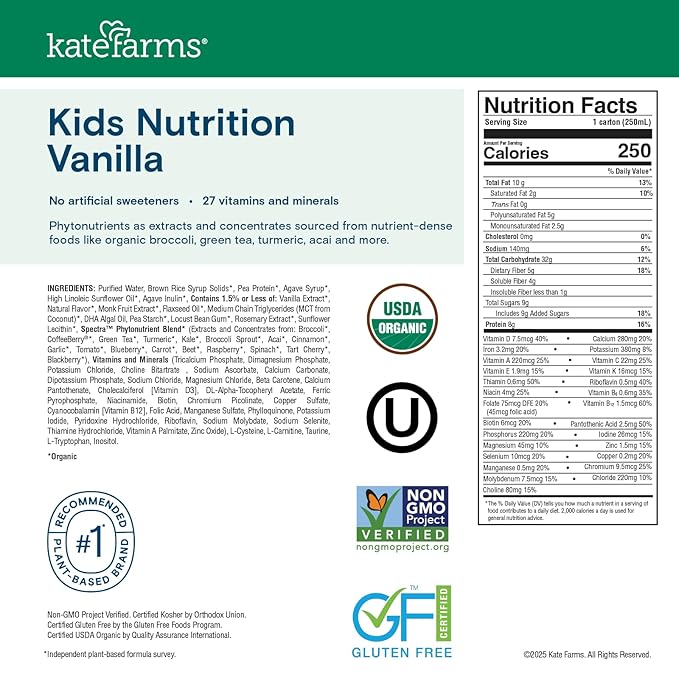 KATE FARMS Organic Kids Nutrition Vanilla Shake, 8g Protein, 27 Vitamins and Minerals, Meal Replacement, Gluten Free, Non-GMO, 8.45 oz (6 Pack)
