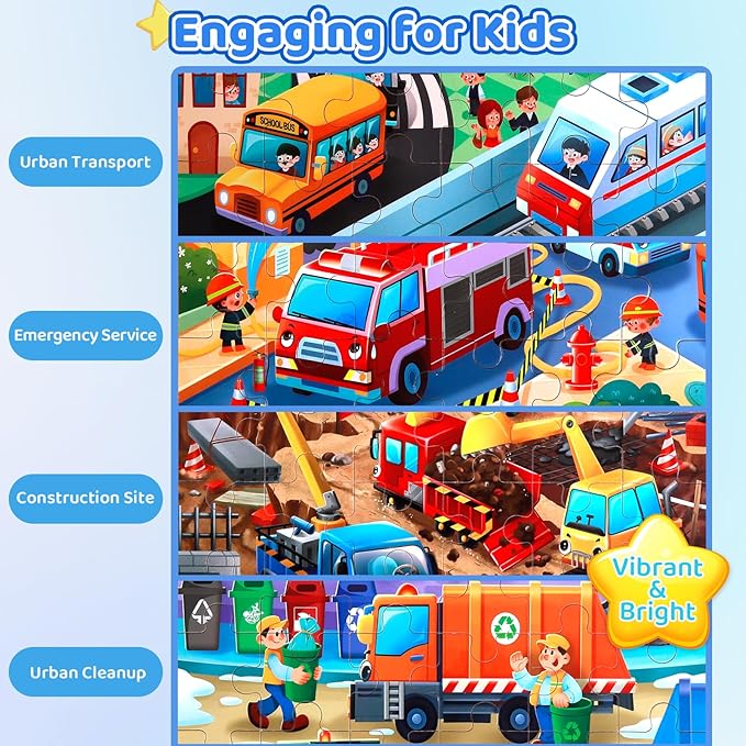 4 Pack Wooden Puzzles for Kids Ages 3-8 - City Life 24-Piece Educational Toddler Puzzles - Montessori Learning Toys for Boys Girls - Ideal Birthday Christmas Easter Gifts for Ages 3 4 5 6 7 8 Year Old