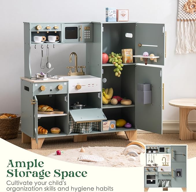 ROBUD Play Kitchen Set, Wooden Play Kitchen with Ice Maker, Fridge, Coffee Machine, Oven, Dishwasher, Microwave, Kitchen Accessories, Toy Kitchen Gift for Boys Girls, 3+