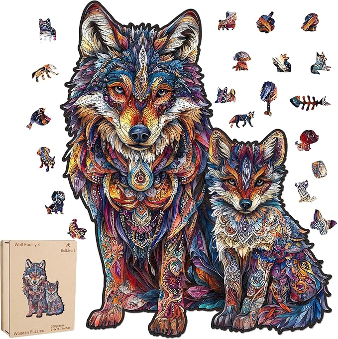 Wolf Family 200 Pieces Wooden Jigsaw Puzzles for Adults with Unique Irregular Shape Fun Challenging Animal Puzzles for Kids and Couples on Birthday,Children’s Day,Christmas 9.4"*13"