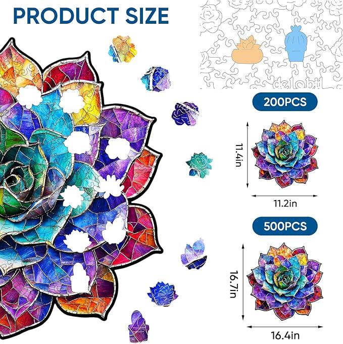 Stained Glass Succulent Wooden Puzzles for Adults, 500 Pieces Mandala Jigsaw Puzzles, Unique Shaped Royal Size Wood Puzzle Gift for Kids, Family Game 16.4'' x 16.7''