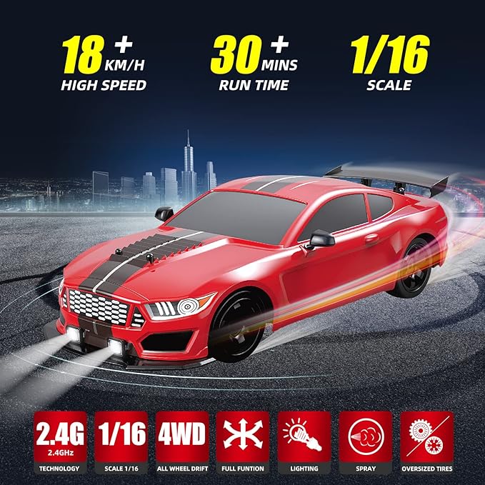 RC Drift Car 2.4GHz 1:16 Scale 4WD High Speed Remote Control Cars Vehicle with LED Lights Two Batteries and Drifting Tires Racing Sport Toy Cars for Adults Boys Girls Kids