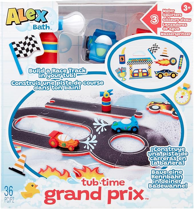ALEX: Tub Time Grand Prix - 32 Piece Bath Time Toy Set, Car & Racetrack Playset, Foam Pieces, Water Squirting Cars, Water Toy, Kids & Toddlers Ages 3+