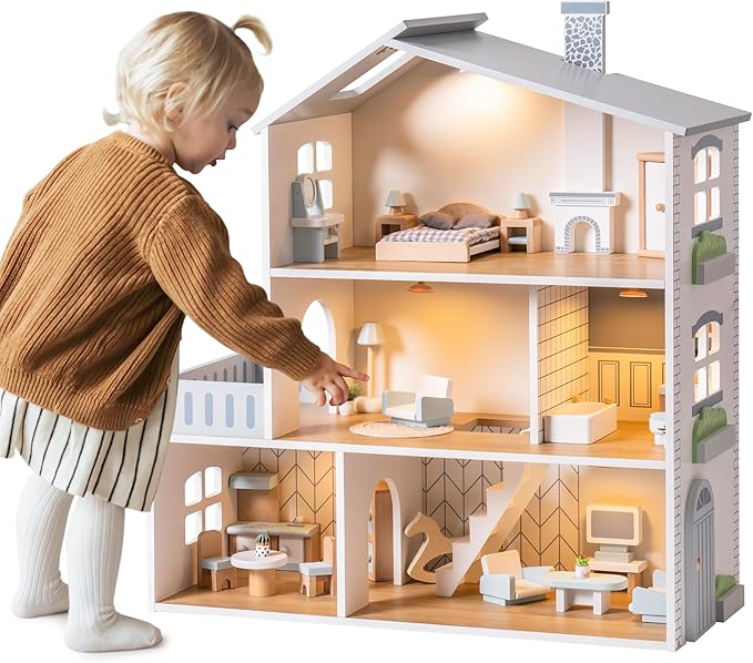 ROBUD Doll House, Wooden Dollhouse with 6 Rooms, 29-pcs Realistic Accessories, Dollhouse Playset for 4-6 Inch Dolls, Gifts for Kids & Toddlers, Nordic Style, Ages 3+