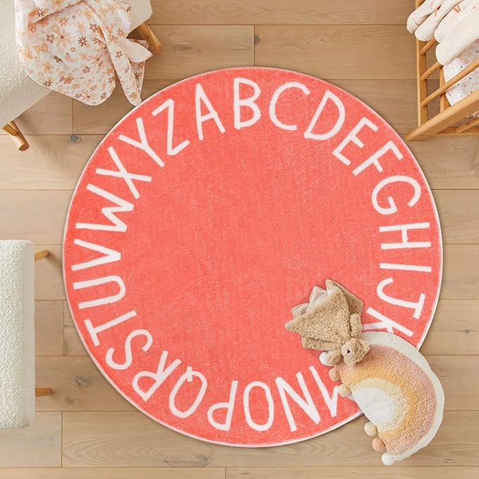 Topotdor Round Kids Play Rug Alphabet Nursery Area Rug Extra Large Soft Crawling Play Mat for Children Toddlers Bedroom (47 inch,Coral)