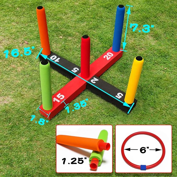 Ring Toss Game for Kids, Indoor & Outdoor Game for Family and Adults with 5 Poles, 2 Bases and 16 Rings in 4 Colors, Soft Foam Toy for Kids Backyard Ring Toss Fun