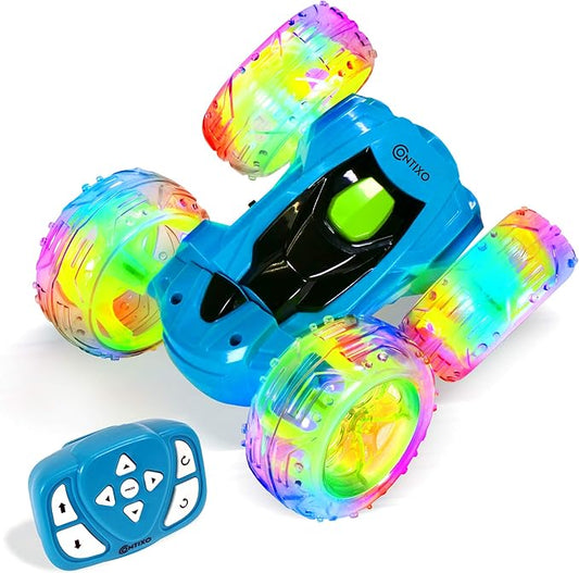 Contixo RC Stunt Car 4WD 2.4GHz, Blue Double-Sided 360° Rotating Remote Control Cars with LED Lights, for Kids Girls Boys Age 4-12