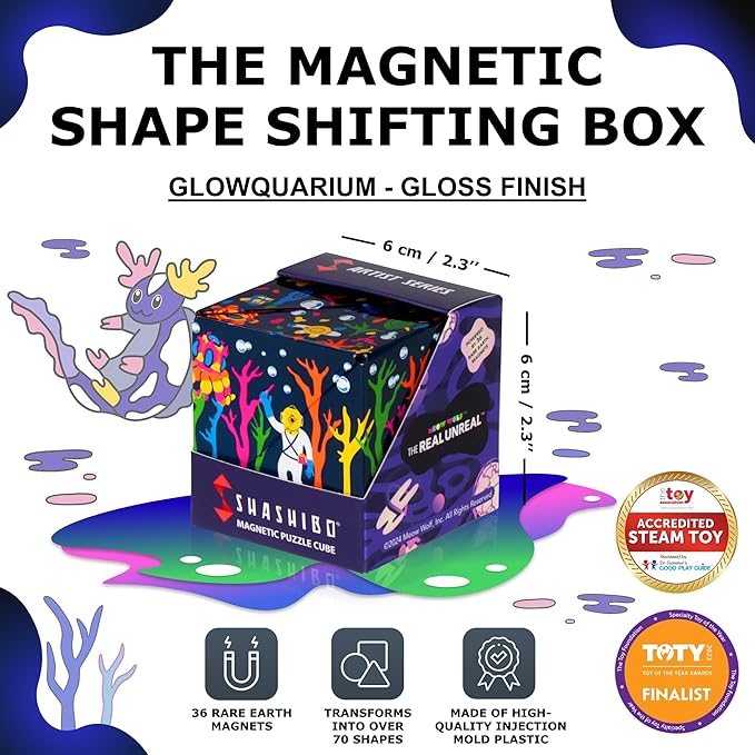 SHASHIBO Meow Wolf Shape Shifting Box - STEM Magnetic Fidget Cube That Transforms Into Over 70 Shapes, Download Fun in Motion Toys Mobile App (Glowquarium)