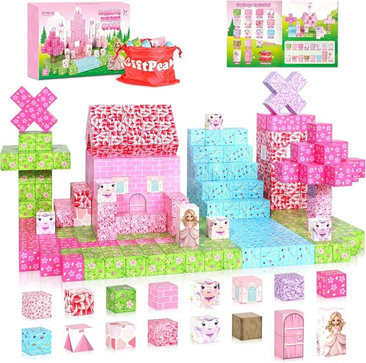 Magnetic Blocks - 100PCS Magnetic Blocks Princess Toys, Unicorn Building Cubes, STEM Montessori Sensory Education Toys for Christmas Birthday Gift Boys & Girls, for Kids Ages 3+