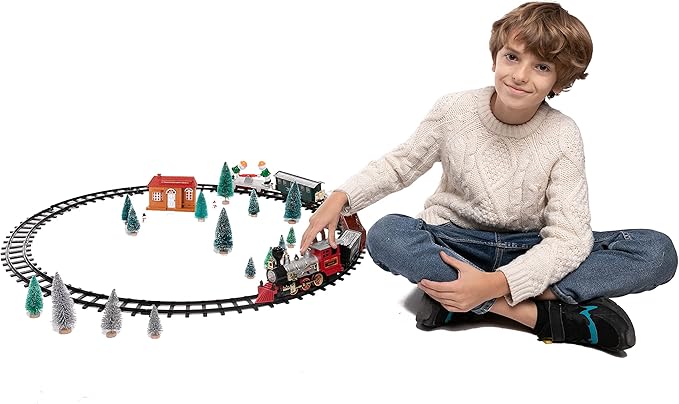 Christmas Toy Train Set, Electric Train Gift with Light, Music & Real Smoke, Travel Train Toys with steam Locomotive, Present for Boys and Girls