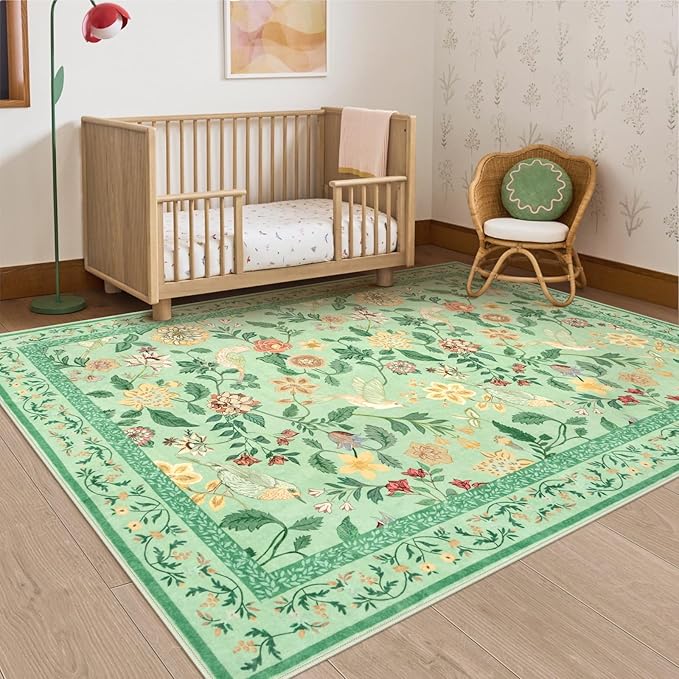 Floral Washable 5x7 Area Rug, Soft Non-Slip Green Rugs for Girls Bedroom Low Pile Flower Birds Living Room Rug, Non-Shedding Botanical Indoor Carpet for Nursery Playroom Dining Room
