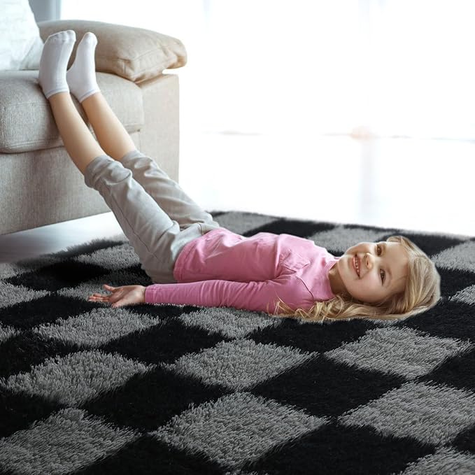 KICMOR Area Rugs for Bedroom, Black and Grey Fluffy Shag Soft 3x5 Checkered Small Living Room Carpet, Indoor Fuzzy Shaggy Plush Rug for Kids Boys Girls Teen Dorm Nursery Bedside Home Decor Aesthetic