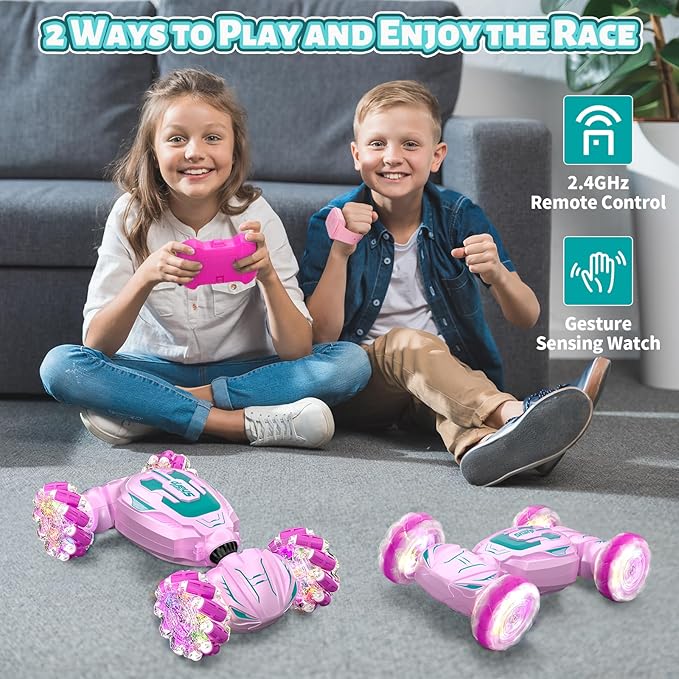 Gesture Sensing RC Stunt Car, Pink Remote Control Car for Girls Birthday Gifts, Pink RC Car for Kids Age 6-12, 2.4Ghz Hand Controlled Twist Cars, 360° Rotating Cars Toy for Girls Age 8 9 10 11+