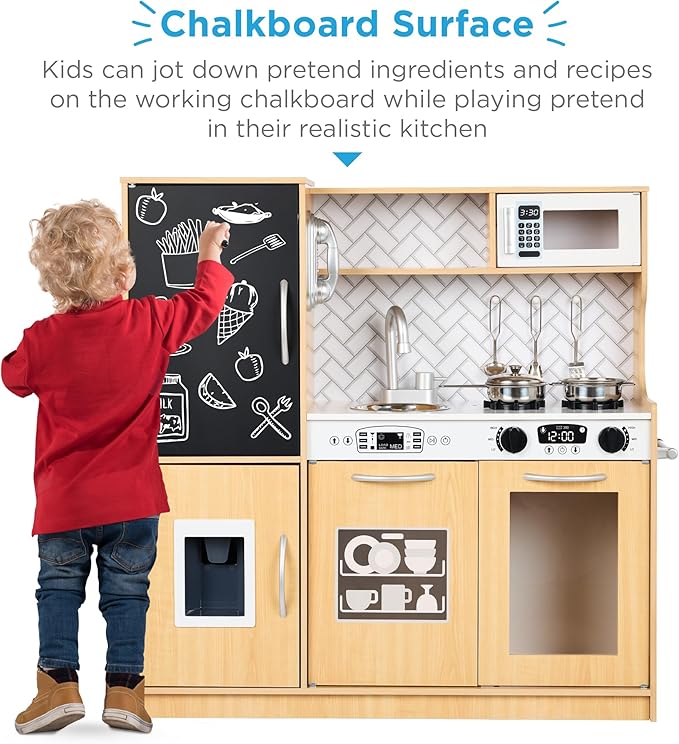 Best Choice Products Pretend Play Kitchen Wooden Toy Set for Kids w/Realistic Design, Telephone, Utensils, Oven, Microwave, Sink - Natural