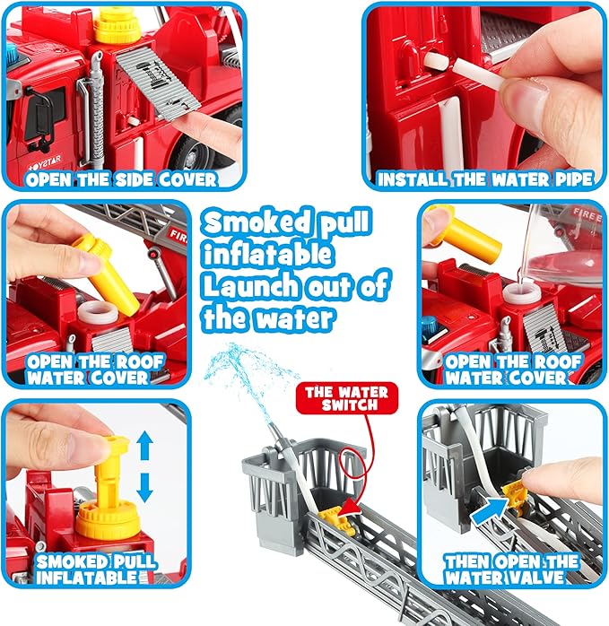 Dwi Dowellin Kids Fire Truck Toys for 3 4 5 6 Years Old Boys, Fire Rescue Vehicle with Shooting Water,Lights and Sounds
