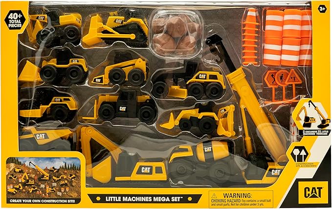 CAT Construction Toys, Little Machines Mega Set – 40+ Pieces with XL Crane & Excavator, 10 Mini Vehicles, Road Signs, Cones, Boulders & Barricades, Indoor/Outdoor STEM Toy for Kids Ages 3 +