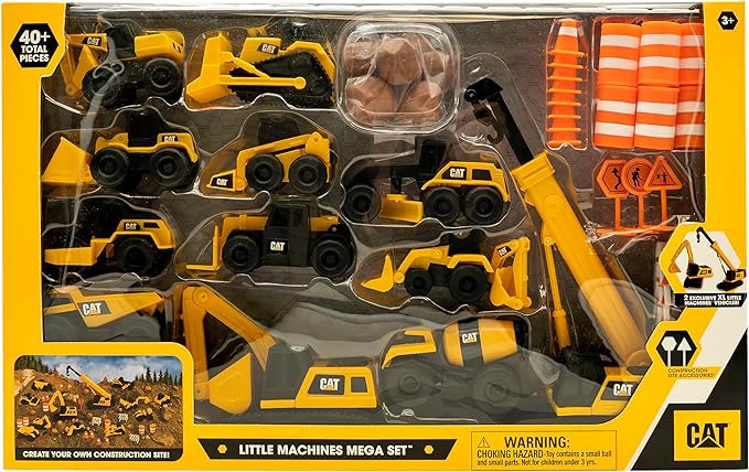 CAT Construction Toys, Little Machines Mega Set, 40-Piece Yellow Vehicles and Construction Site Accessories, Includes Dump Truck, Crane, Excavator, Bulldozer and more, for Kids and Toddlers Ages 3+