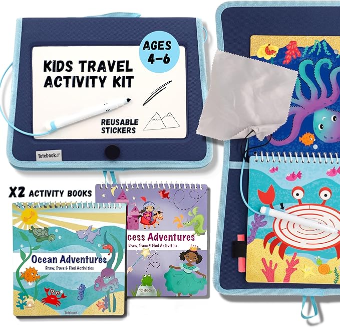 Kids Travel Educational Activity Book with Washable Markers - Car and Airplane Activities, Learning Toys for Toddlers- Reusable Stickers for Ages 4, 5, 6 (Ocean & Extra Princess Book)