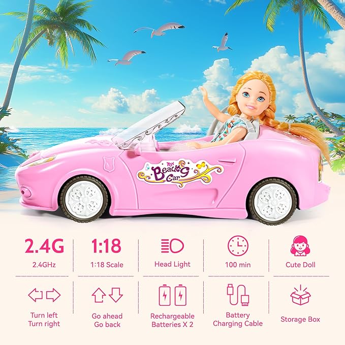 Pink Remote Control Car for Girls, 2.4Ghz Racing for Toddler, 1:18 RC Toys for Kids with Doll, 100 mins with Rechargeable Battery, Birthday for Grils