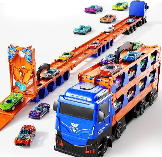 Carrier Truck Race Track Boys Toys, 78-Inch Toy Truck Transport Car Race Track & 12 Die-Cast Metal Toy Cars, Toddler Truck Car Toys Track Set Gifts for Age 3 4 5 6+ Years Old Kids Boys Girls