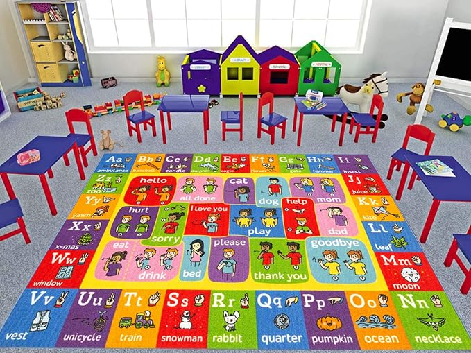 KC Cubs ABC Alphabet ASL Sign Language Educational Learning & Fun Game Play Area Non Slip Boy & Girl Kids Rug Carpet for Children Bedroom, Toddler Classroom & Baby Playroom Mat, 3' 3" x 4' 11"