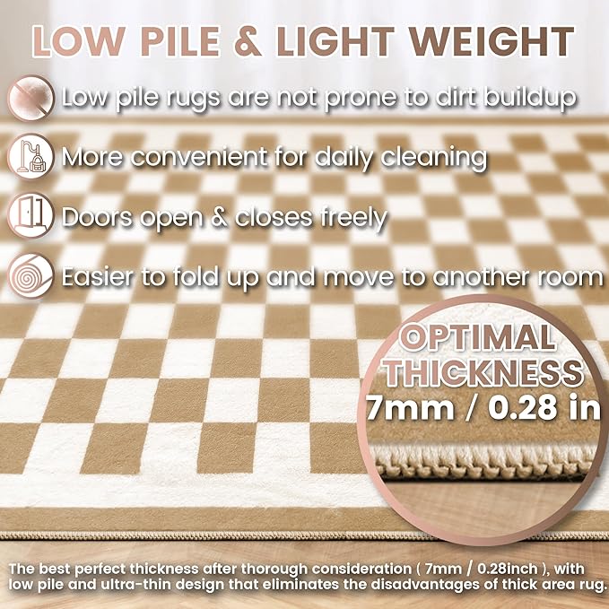 Washable 4x6 Checkered Area Rug for Living Room, Tan Brown Checkerboard Modern Boho Large Rugs, Ultra Thin Low Pile Lightweight Indoor Carpet with Non-Slip Backing for Bedroom Kids Nursery Play Room