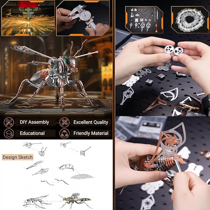 3D Metal Puzzles for Adults: Metal Model Kits 3D Metal Puzzle Mechanical Wasp Building Blocks, Difficult DIY for Assembly Gifts for Men (3D Metal Wasp-Rose Golden)