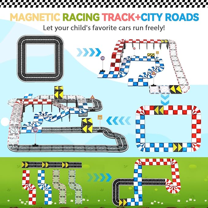 Magnetic Tiles Road Set, Magnetic Blocks Building Toys for 3+ Year Old Boys Girls, Magnet Construction Toys Preschool Educational Kids Magnet Tiles for Toddlers 3-5 4-8 (Magnetic Tiles Racing Track)