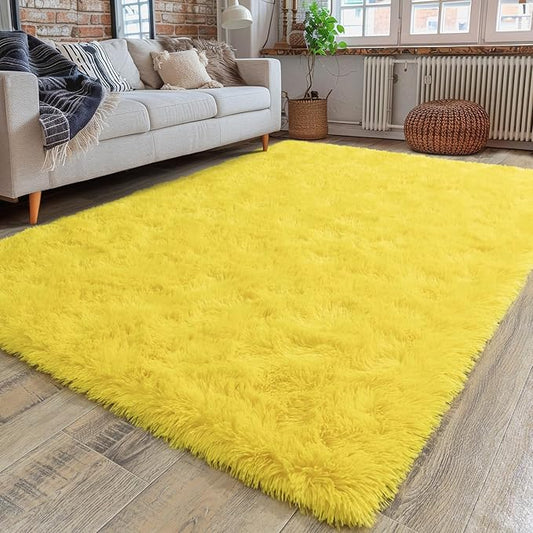 Super Fluffy Area Rug for Bedroom, Modern Shag Yellow Area Rugs, Soft Plush Small Carpet for Kids,Girls Boys and Teens Decorations for Living Room Dorm Nursery Classroom, 4x6 Feet