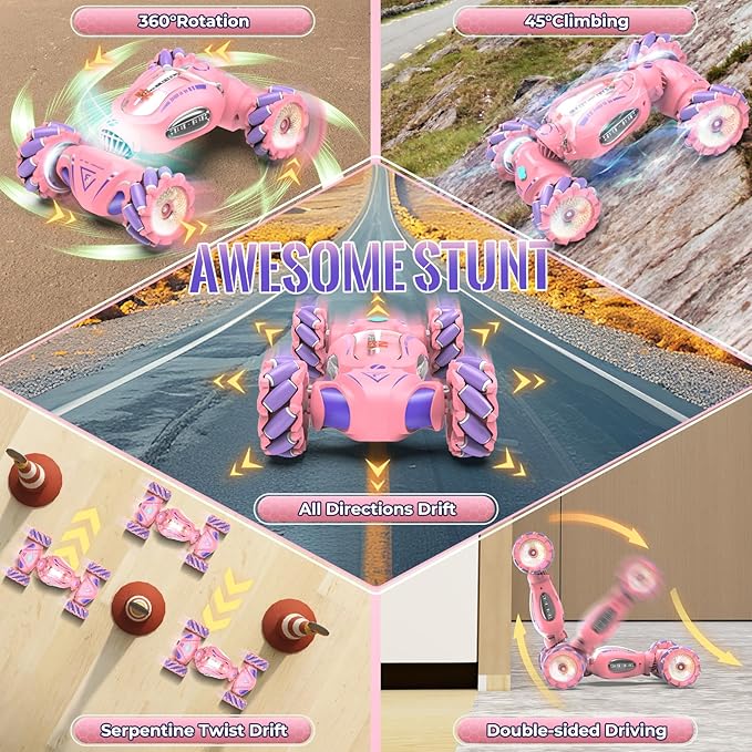 Pink Remote Control Car Toys Gifts for Girls 6-12, with Light & Music & Spray, 2.4Ghz 4WD Double-Sided 360° Rotating Gesture Sensing RC Stunt Car, Birthday for Girls Kids