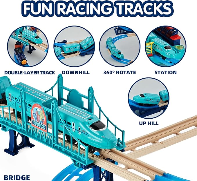 Electric Train Sets, Christmas Trains Toys Rail Head, Passenger Carriages, Tracks, Light & Sounds Rechargeable 360° Transformed DIY Train Track Set Birthday Gifts for Boys Girls