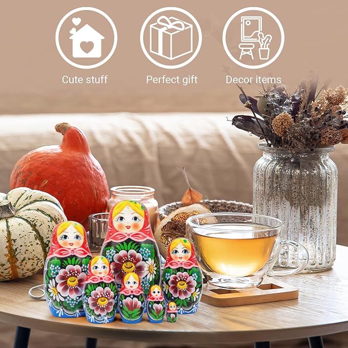 AEVVV Russian Nesting Dolls Set 7 pcs - Russian Nesting Babushka Dolls with Flowers - Handmade Matryoshka Doll with Rose Flowers Home Decor - Munecas Rusas