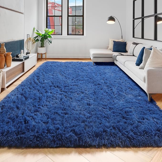 Amdrebio Navy Blue Area Rugs for Boys Bedroom, 5x7 Shag Fluffy Furry Plush Rug for Kids Room, Living Room Decor Aesthetic, Cool Royal Dark Blue Carpet for Baby Nursery Classroom Office Dorm Playroom