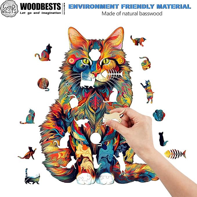WOODBESTS Wooden Puzzle for Adults, Maine Cat Puzzle (L, 300pcs, 16.5"x13.2") Beautiful Wooden Box, Wooden Jigsaw Puzzles Unique Shape, Birthday Gifts for Adults and Kids Family Game