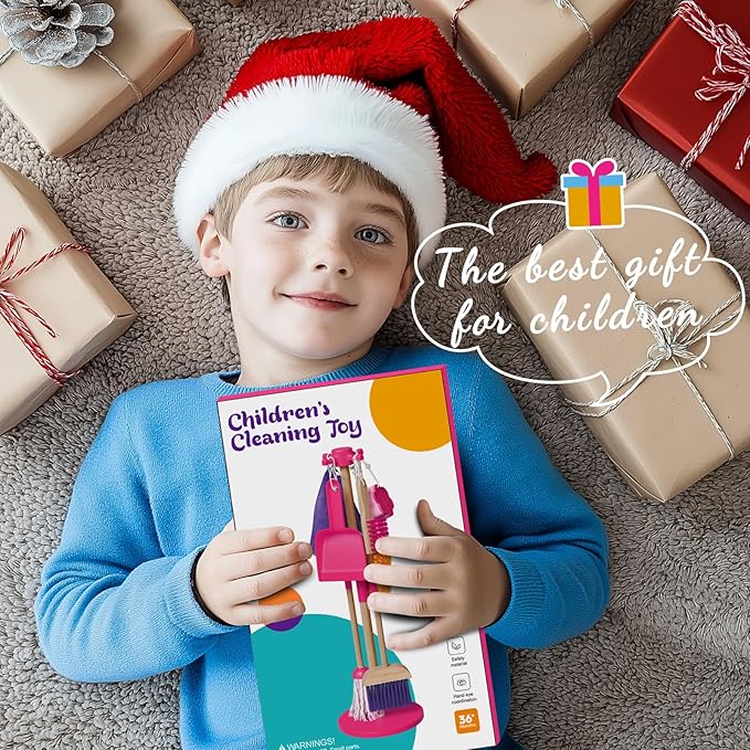 Masthome 8 Pieces Kids Cleaning Set,Wooden Cleaning Toys for Kids Broom Dustpan Mop Brush Duster Rag Sponge and Hanging Stand,Skill Developmental Pretend Play Kit for Toddlers,Children