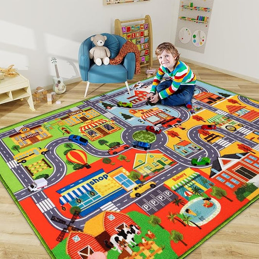Kids Rug Carpet Car Play Mat, Non-Slip Traffic Road Rug for Kids, Extra City Map Educational Mat for Playroom Boys Bedroom Classroom (78.7X59 INCH, Four Season)