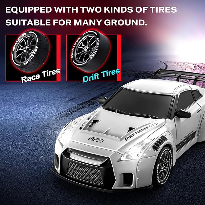 ACAMMZAR RC Drift Car, 1:24 Remote Control Car for Kids, 20KM/H 4WD High Speed RC Cars with LED Lights, Two Batteries, Extra Drifting Tires, Vehicle for Adults Boys Girls