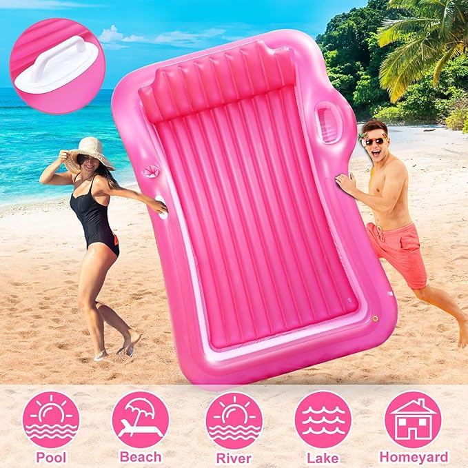 Inflatable Tanning Pool Lounger Float with Sprinkler, 83" x 63" Extra Large Pool Floats Adult with Pillow Cooler Tray, 6 in 1 Suntan Tub Raft Floatie Sunbathing Bed Water Summer Backyard Fun XL-Pink