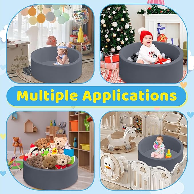 Baby Ball Pit 35.4" Soft Round Memory Foam Ball Pits NOT Included Balls Indoor Outdoor Playpen for Babies Toddlers Kids Great Gift for Girls Boys, Dark Gray