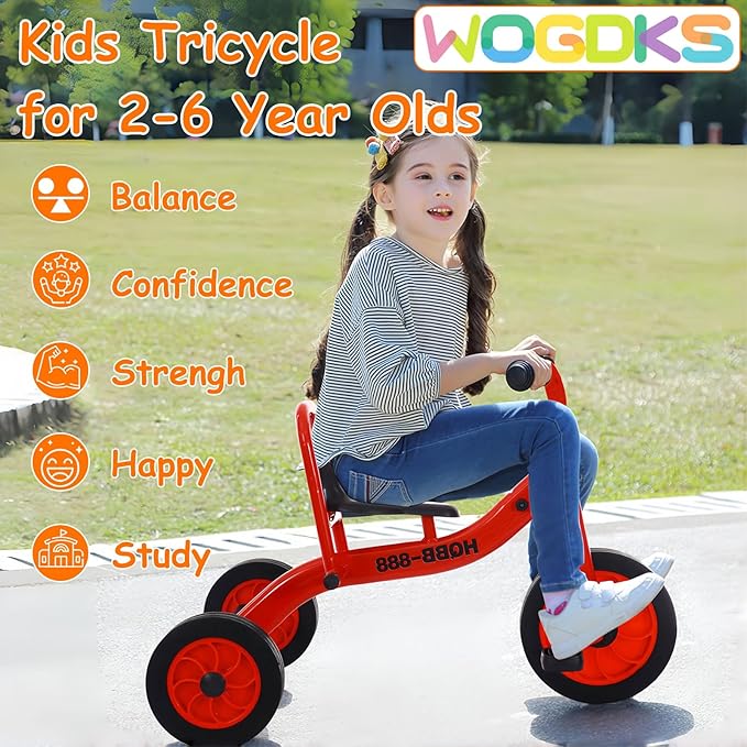 Kids Tricycle for Ages 2-6, Preschool Daycare Pedal Tricycle, Outdoor Playground Kids Trike with Inflation-Free Rubber Wheels, Carbon Steel Frame