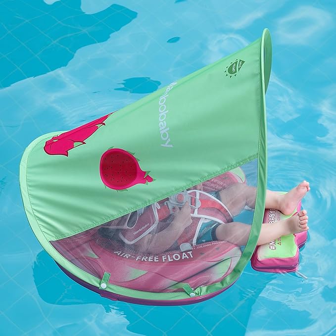 Mambobaby Float Add Tail Baby Swim Float with Canopy Solid Pool Infant Swim Trainer Swimming Training Lying Air Free Water Floats Non-Inflatable Waist Swim Ring for Toddlers (Dragon Fruit)